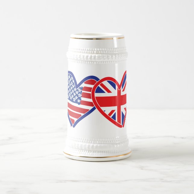 American Flag/Union Jack Flag Hearts Beer Stein (Center)