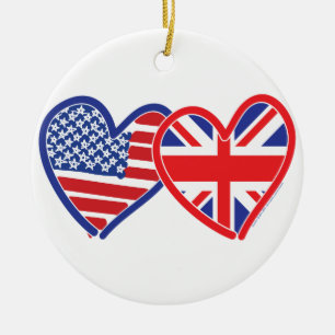 American Flag Union Jack Flag Hearts Ceramic Ornament