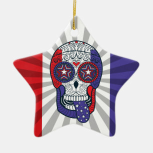 American Flag USA Colours Patriotic Sugar Skull Ceramic Ornament