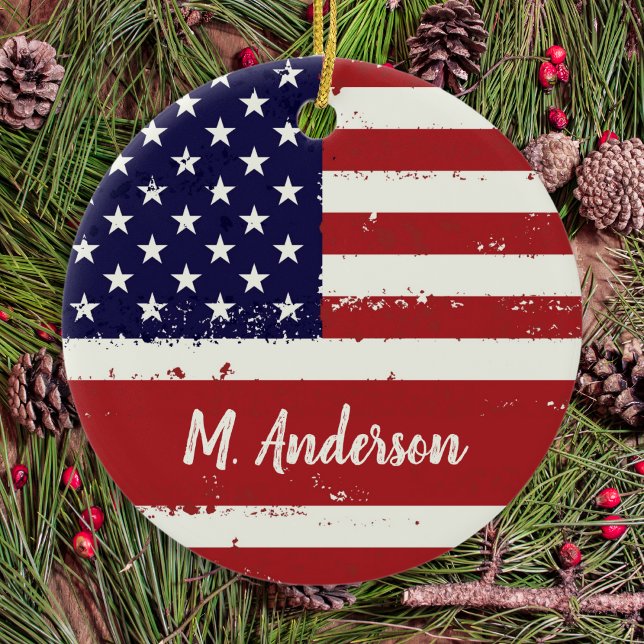 American Flag USA Personalized Patriotic  Ceramic Ornament (Creator Uploaded)