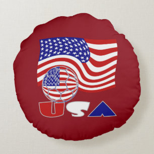 American Flag USA Soccer Ball Red Background Round Pillow