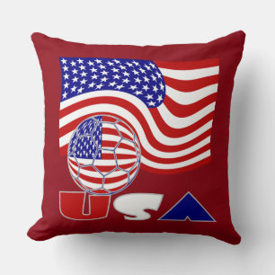 American Flag USA Soccer Ball Red Background Throw Pillow