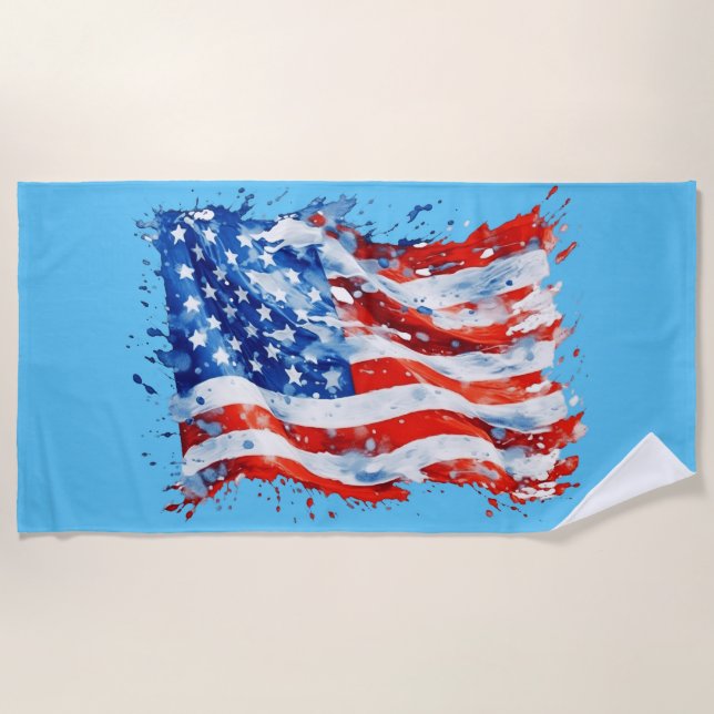 American Flag USA Watercolor 4th of July Beach Towel (Front)