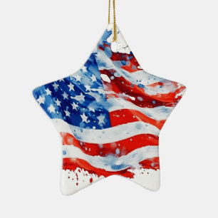 American Flag USA Watercolor 4th of July Ceramic Ornament