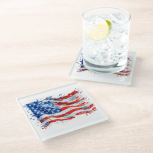 American Flag USA Watercolor 4th of July Glass Coaster