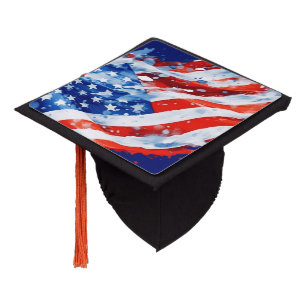 American Flag USA Watercolor 4th of July Graduation Cap Topper