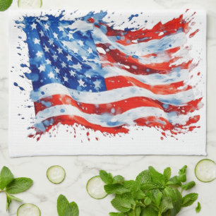American Flag USA Watercolor 4th of July Kitchen Towel