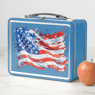 American Flag USA Watercolor 4th of July Metal Lunch Box