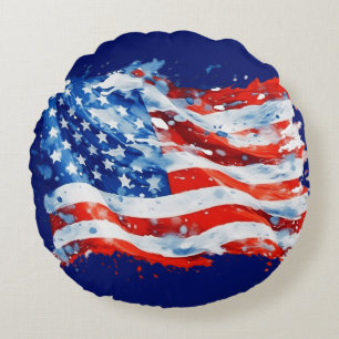 American Flag USA Watercolor 4th of July Round Pillow