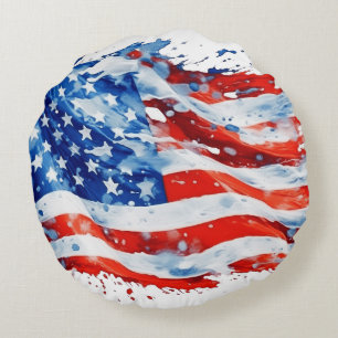 American Flag USA Watercolor 4th of July Round Pillow