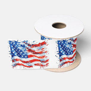 American Flag USA Watercolor 4th of July Satin Ribbon
