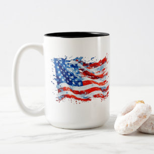 American Flag USA Watercolor 4th of July Two-Tone Coffee Mug