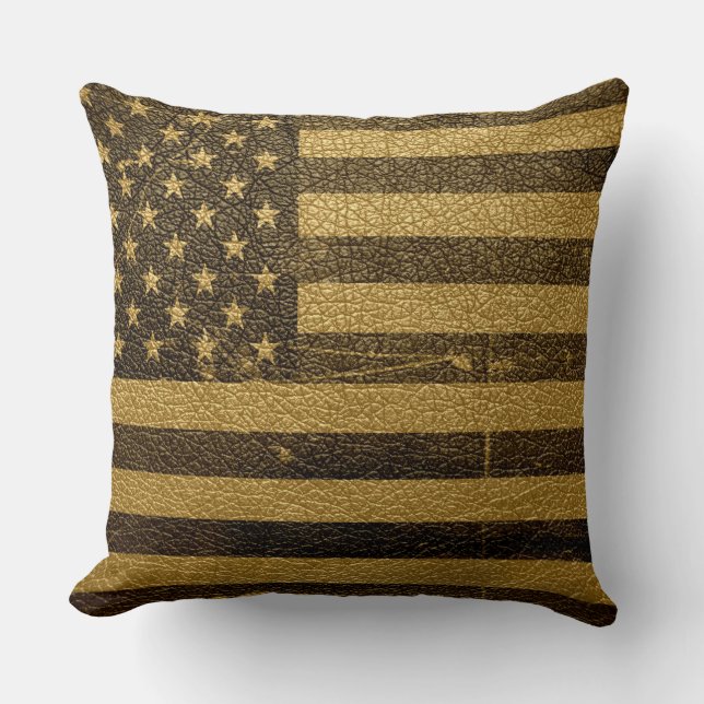 American Flag Vintage Leather Throw Pillow (Front)