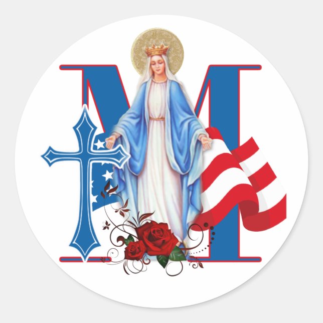 AMERICAN FLAG VIRGIN MARY RELIGIOUS ROSES CLASSIC ROUND STICKER (Front)