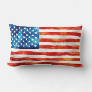 American Flag Watercolor Painting Artistic USA Lumbar Pillow