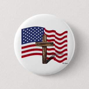 American Flag Waving and Rugged Cross 2 Inch Round Button