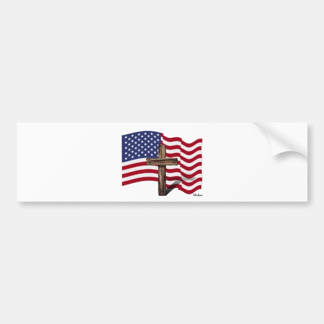 American Flag Waving and Rugged Cross Bumper Sticker (Front)