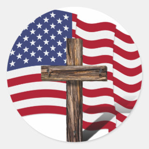 American Flag Waving and Rugged Cross Classic Round Sticker