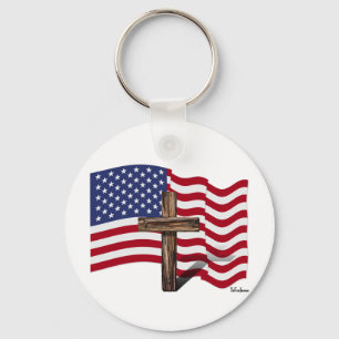 American Flag Waving and Rugged Cross Keychain