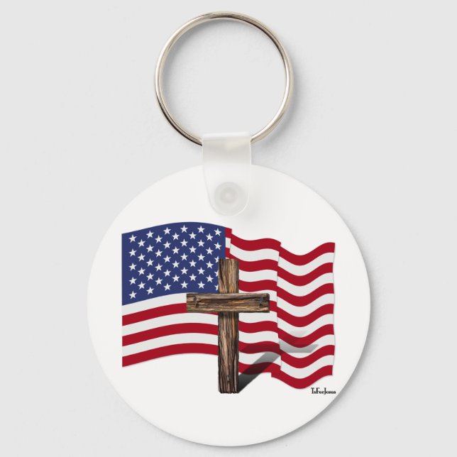 American Flag Waving and Rugged Cross Keychain (Front)
