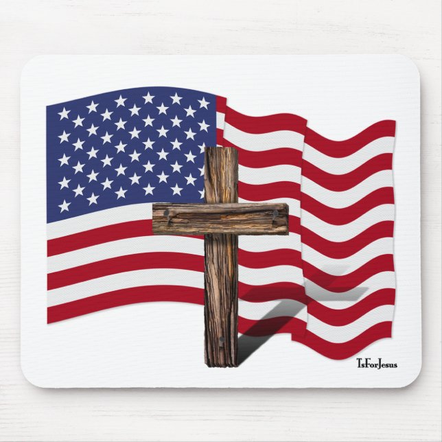 American Flag Waving and Rugged Cross Mouse Pad (Front)