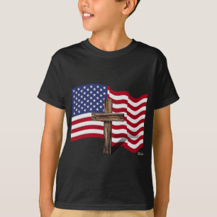 American Flag Waving and Rugged Cross T-Shirt
