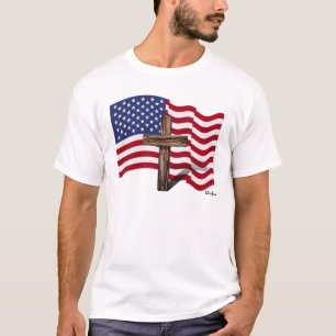 American Flag Waving and Rugged Cross T-Shirt