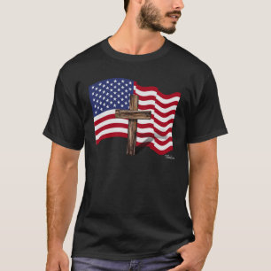 American Flag Waving and Rugged Cross T-Shirt