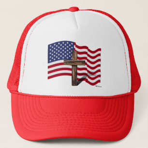 American Flag Waving and Rugged Cross Trucker Hat