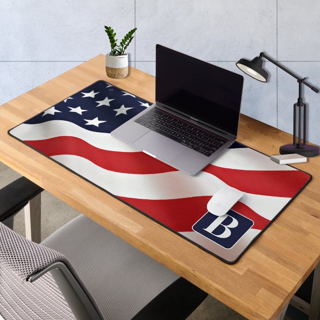 American Flag Waving Personalized Monogram Desk Mat (Creator Uploaded)