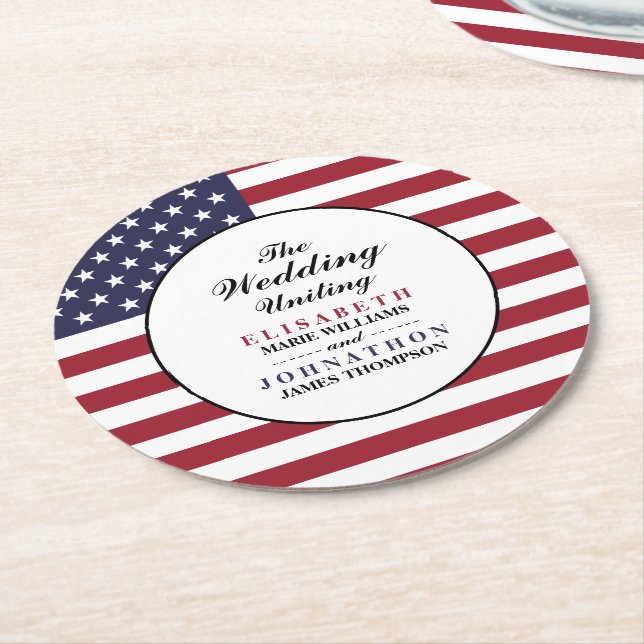 American Flag Wedding Round Paper Coaster (Angled)