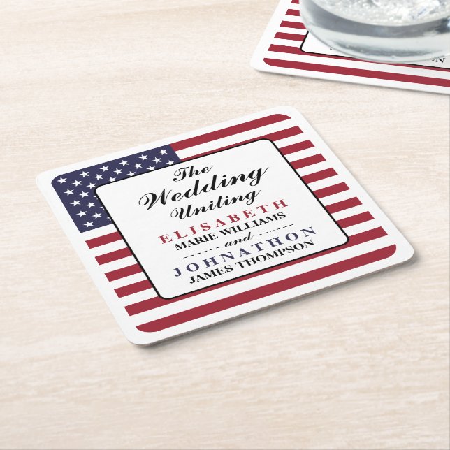 American Flag Wedding Square Paper Coaster (Angled)