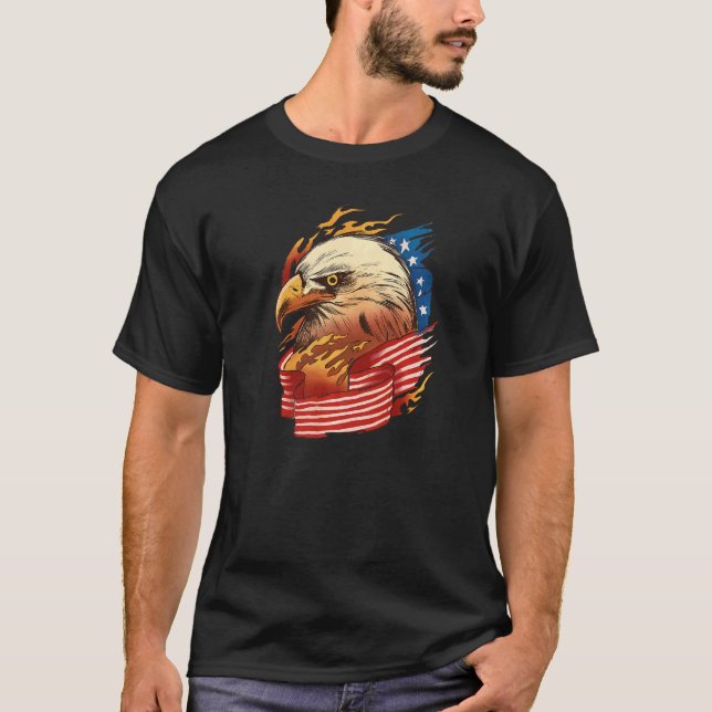 American Flag With Bald Eagle On Fire   T-Shirt (Front)