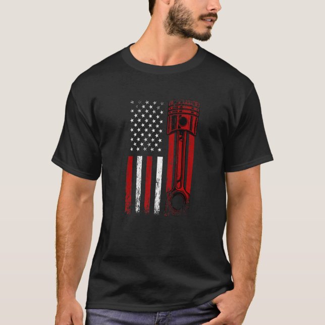 American Flag With Car Engine Piston Novelty Graph T-Shirt (Front)