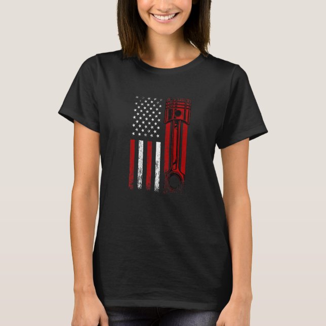 American Flag With Car Engine Piston Novelty Graph T-Shirt (Front)