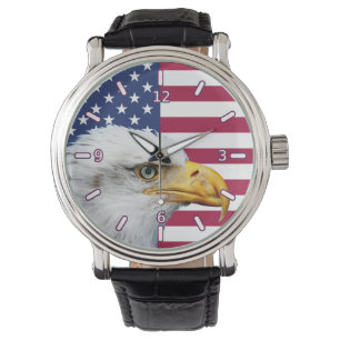 American Flag With Eagle Leather Strap Watch