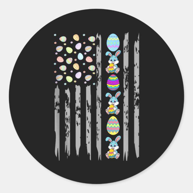 American flag with easter eggs &amp; bunny for classic round sticker (Front)