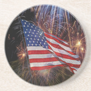 American Flag With Fireworks Background Design Coaster