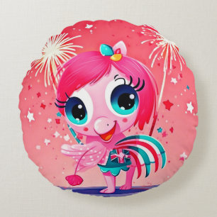 American Flag with Flamingo Cartoon-69217 Round Pillow