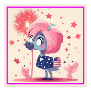 American Flag with Flamingo Cartoon-69219 Photo Print