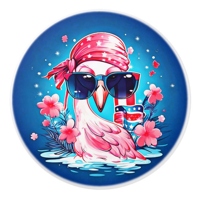 American Flag with Flamingo Cartoon-69681 Ceramic Knob (Front)