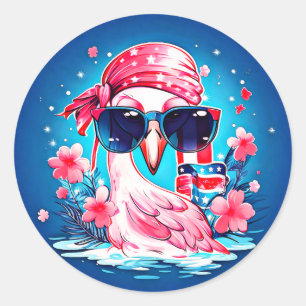 American Flag with Flamingo Cartoon-69681 Classic Round Sticker