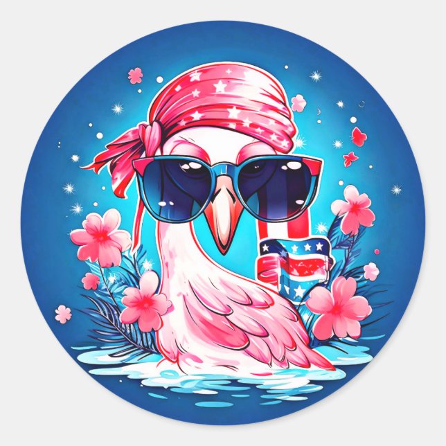 American Flag with Flamingo Cartoon-69681 Classic Round Sticker (Front)