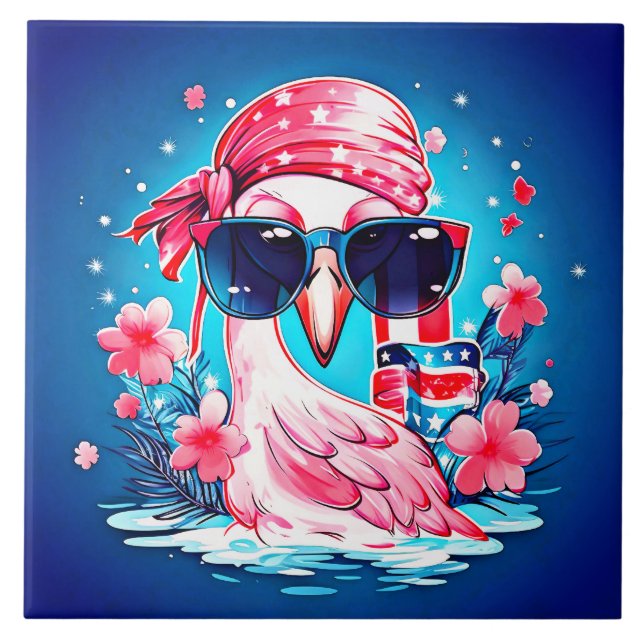 American Flag with Flamingo Cartoon-69681 Tile (Front)