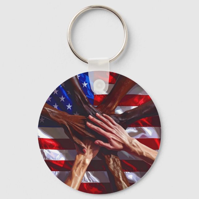 American Flag with hands from various Americans Keychain (Front)