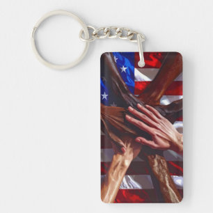 American Flag with hands from various Americans Keychain