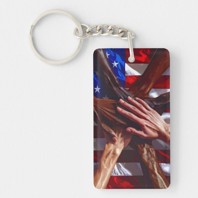 American Flag with hands from various Americans Keychain (Front)