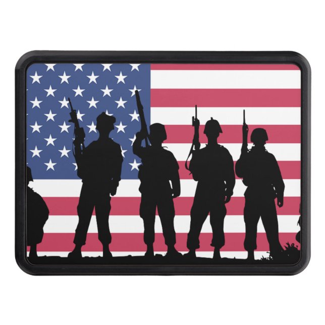 American flag with Soldiers silhouette Trailer Hitch Cover (Front)