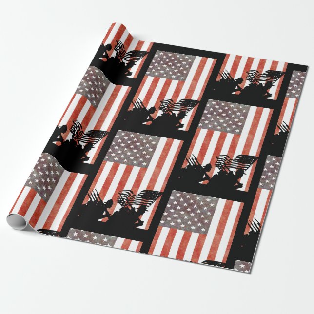 American flag with Soldiers Silhouette Wrapping Paper (Unrolled)