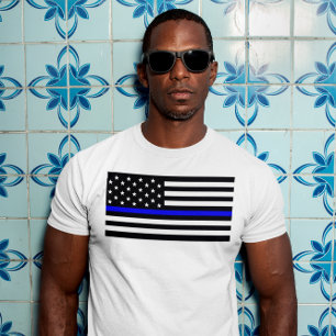 American Flag With Thin Blue Line Support Police T-Shirt